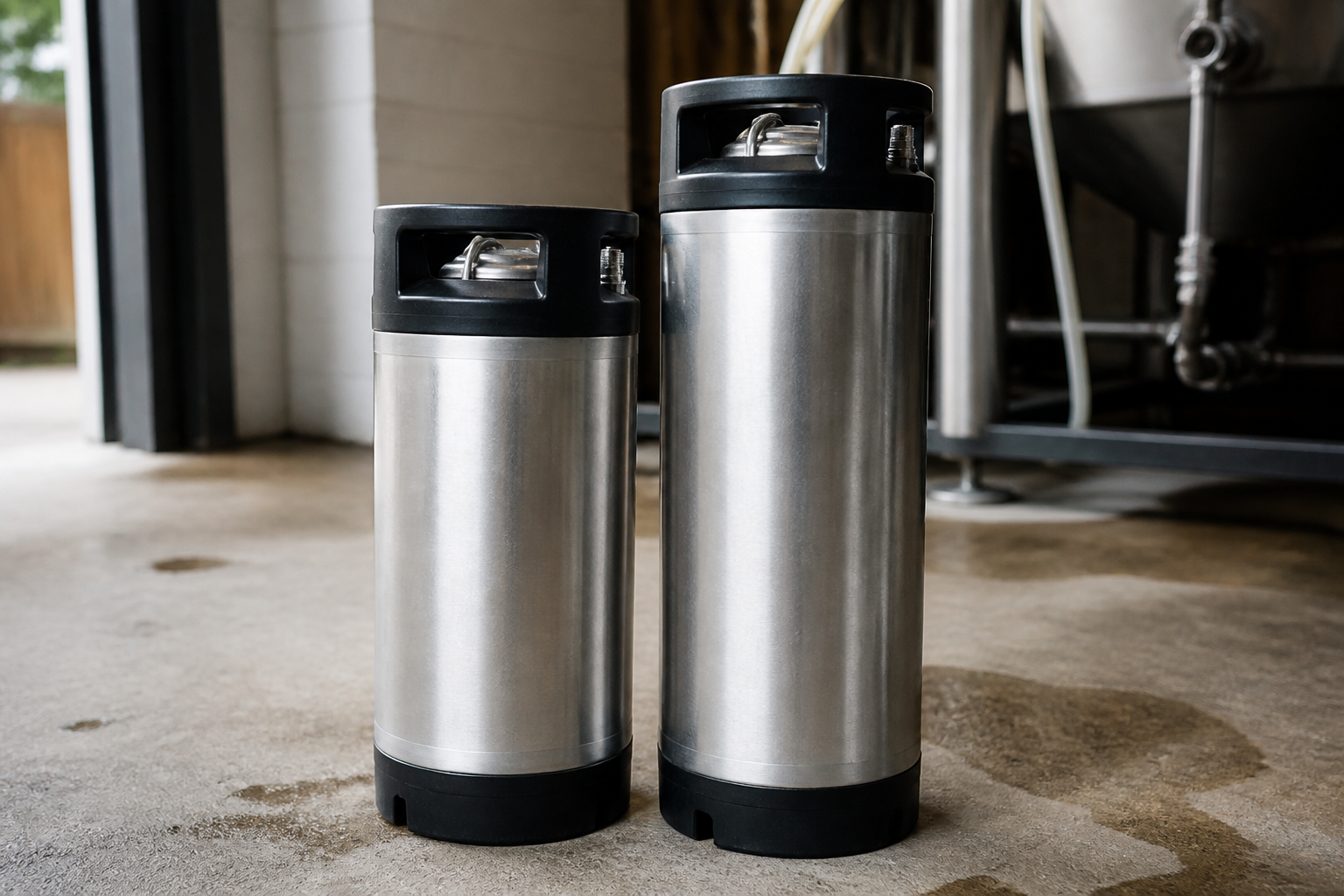 Two stainless kegs on a brewhouse floor